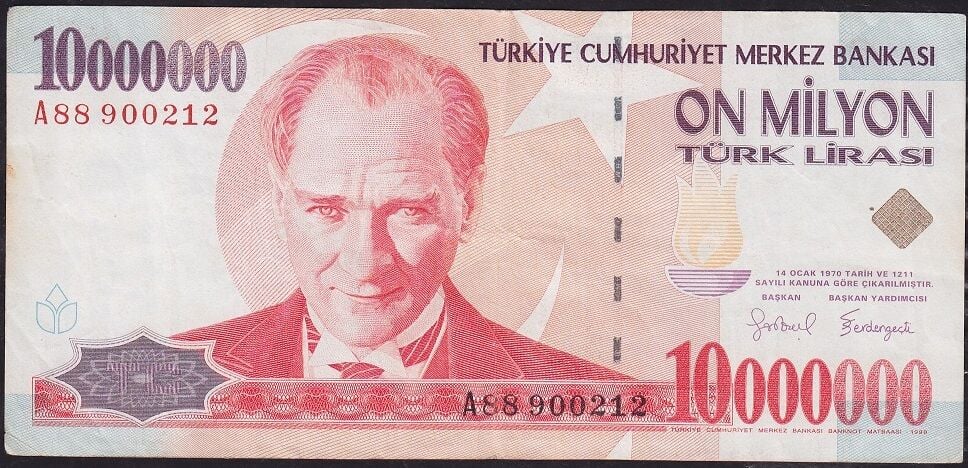 7.Emisyon 10 000 000 Lira A88 900212 Çok Temiz