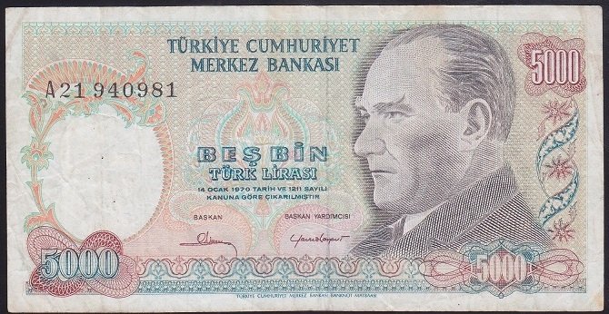 7.EMİSYON 1.TERTİP 5000 LİRA A21 940981 ÇOK TEMİZ +