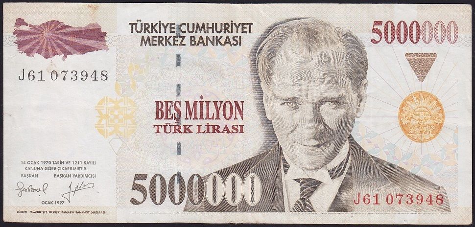 7.Emisyon 5 000 000 Lira J61 073948 Çok Temiz