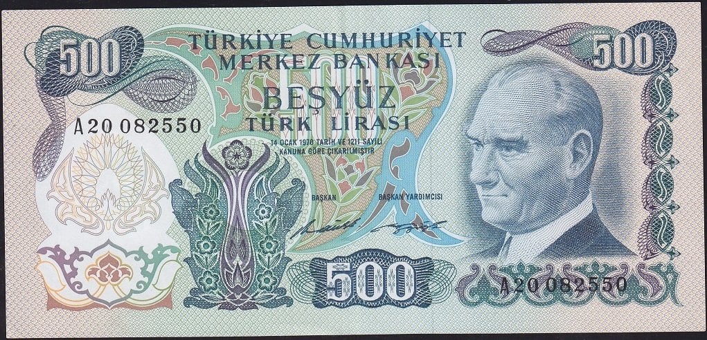 6.Emisyon 1.Tertip 500 Lira A20 082550 Çok Çok Temiz+