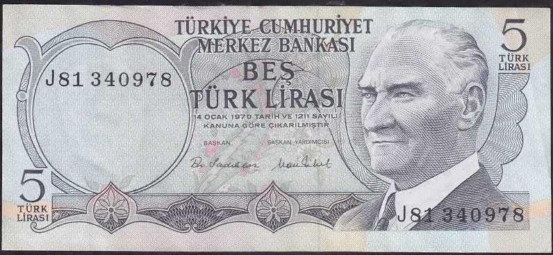 6.Emisyon 2.Tertip 5 Lira J81 340978 Ççt Çilaltı