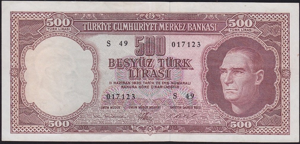5.Emisyon 3.Tertip 500 Lira S49 017123 Çok Temiz+ ( kabartmalar çok güzel )