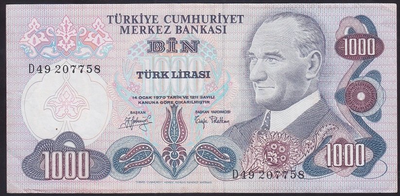 6.EMİSYON 2.TERTİP 1000 LİRA D49 207758 ÇOK TEMİZ