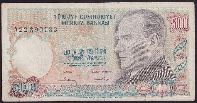 7.EMİSYON 1.TERTİP 5000 LİRA A22 390733 HALİYLE