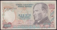 7.EMİSYON 1.TERTİP 5000 LİRA A22 390733 HALİYLE
