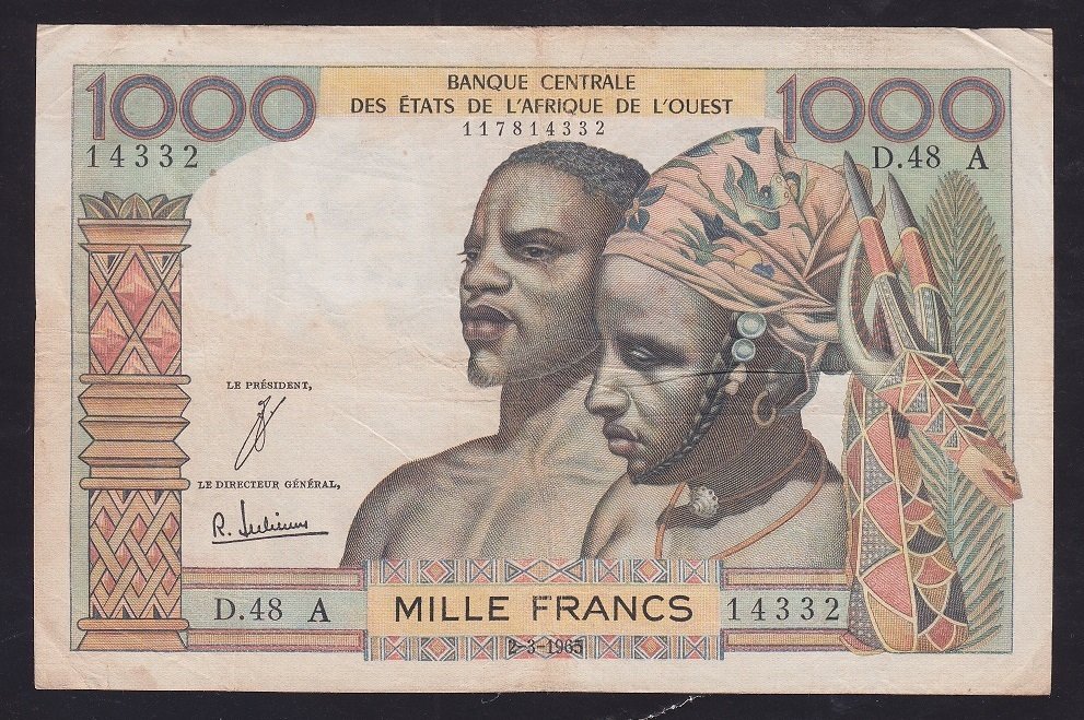 BATI AFRİKA DEVLETLERİ 1000 FRANK 1965 ÇOK TEMİZ (FİLDİŞİ SAHİLİ) Pick103A/d