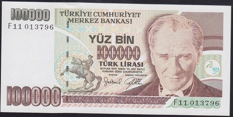 7.EMİSYON 3.TERTİP 100000 LİRA F11 013796 ÇİLALTI +