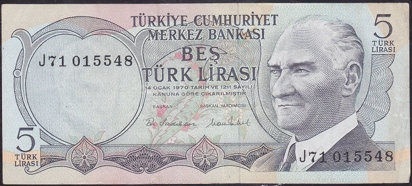 6.Emisyon 2.Tertip 5 Lira J71 015548 Çok Temiz +