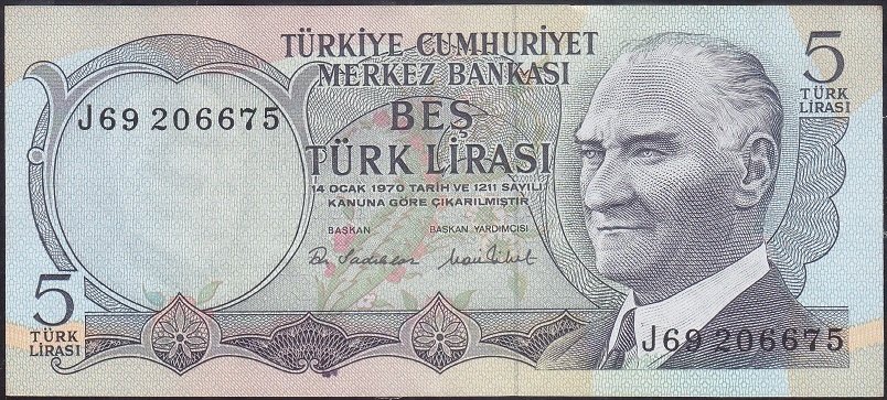 6.Emisyon 2.Tertip 5 Lira J69 206675 Çilaltı