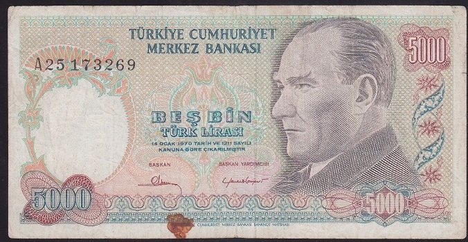 7.EMİSYON 1.TERTİP 5000 LİRA A25 173269 TEMİZ
