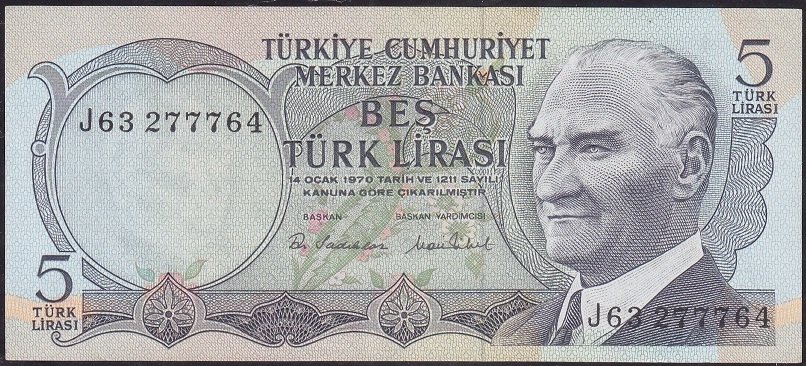 6.Emisyon 2.Tertip 5 Lira J63 277764 Ççt Çilaltı
