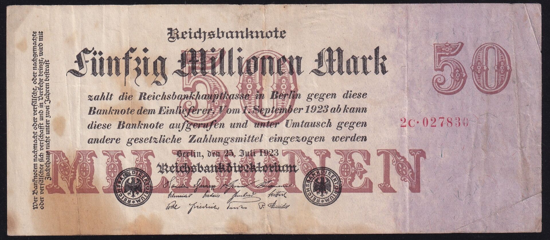 Almanya 50 Milyon Mark 1923 Çok Temiz