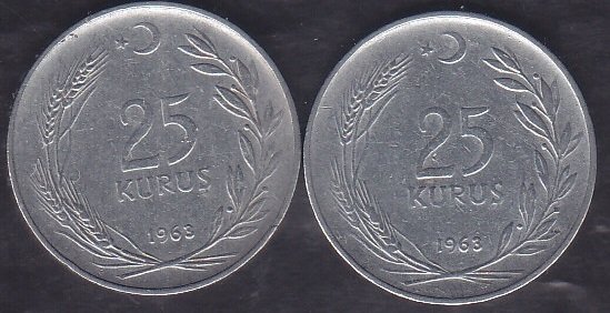 1963 Yılı 25 Kuruş (Ters Düz Takım)