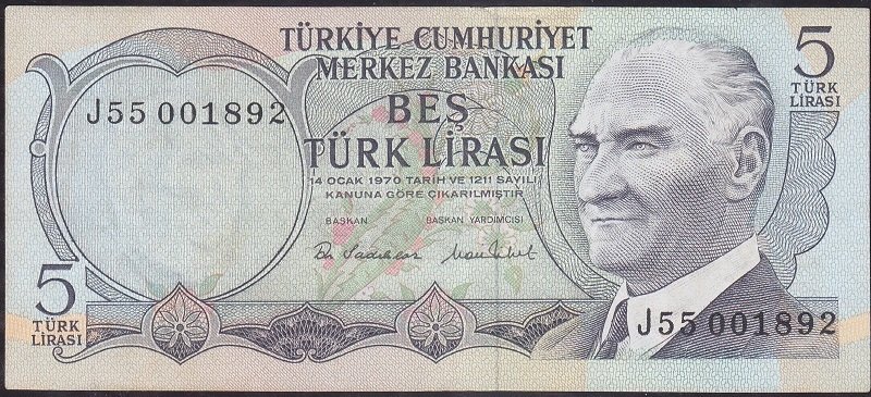 6.Emisyon 2.Tertip 5 Lira J55 001892 Ççt +