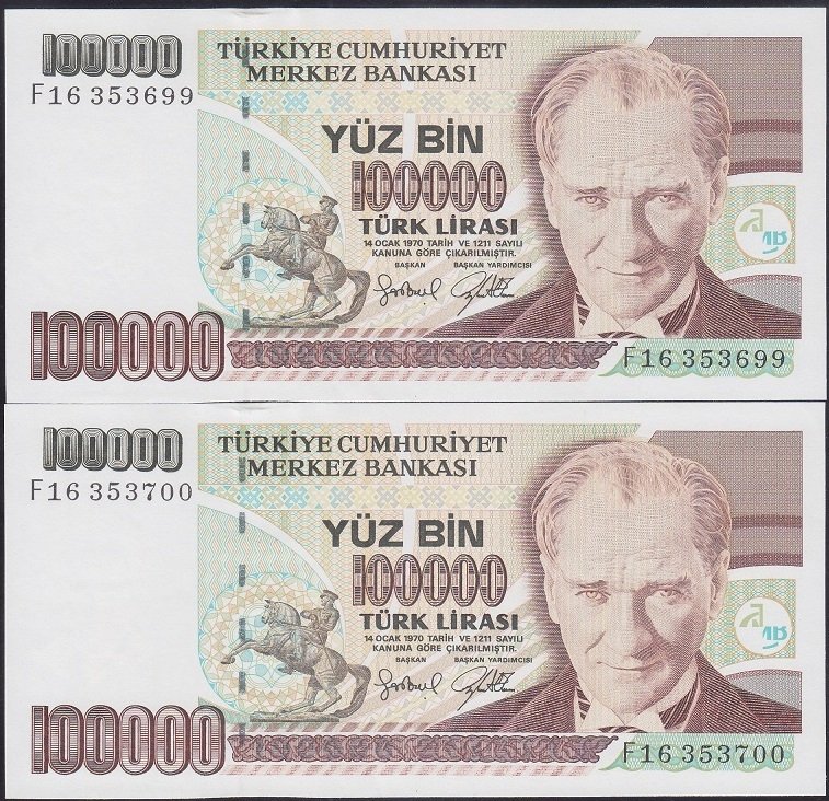 7.EMİSYON 3.TERTİP 100000 LİRA F16 353699 - 700 SERİ TAKİPLİ 2 ADET ÇİL