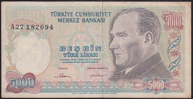 7.EMİSYON 1.TERTİP 5000 LİRA A27 182694 TEMİZ +
