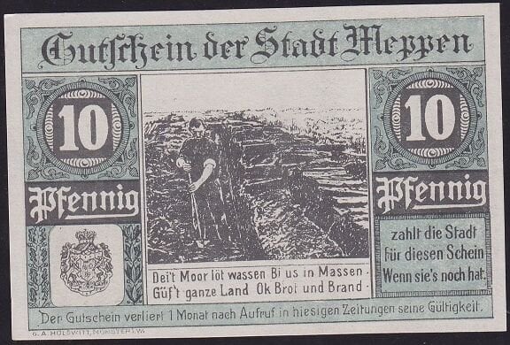 Almanya 10 Pfennig Notgeld 1921 Çil Filigranlı