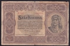 MACARİSTAN 100 KORONA 1920 TEMİZ EKSİ