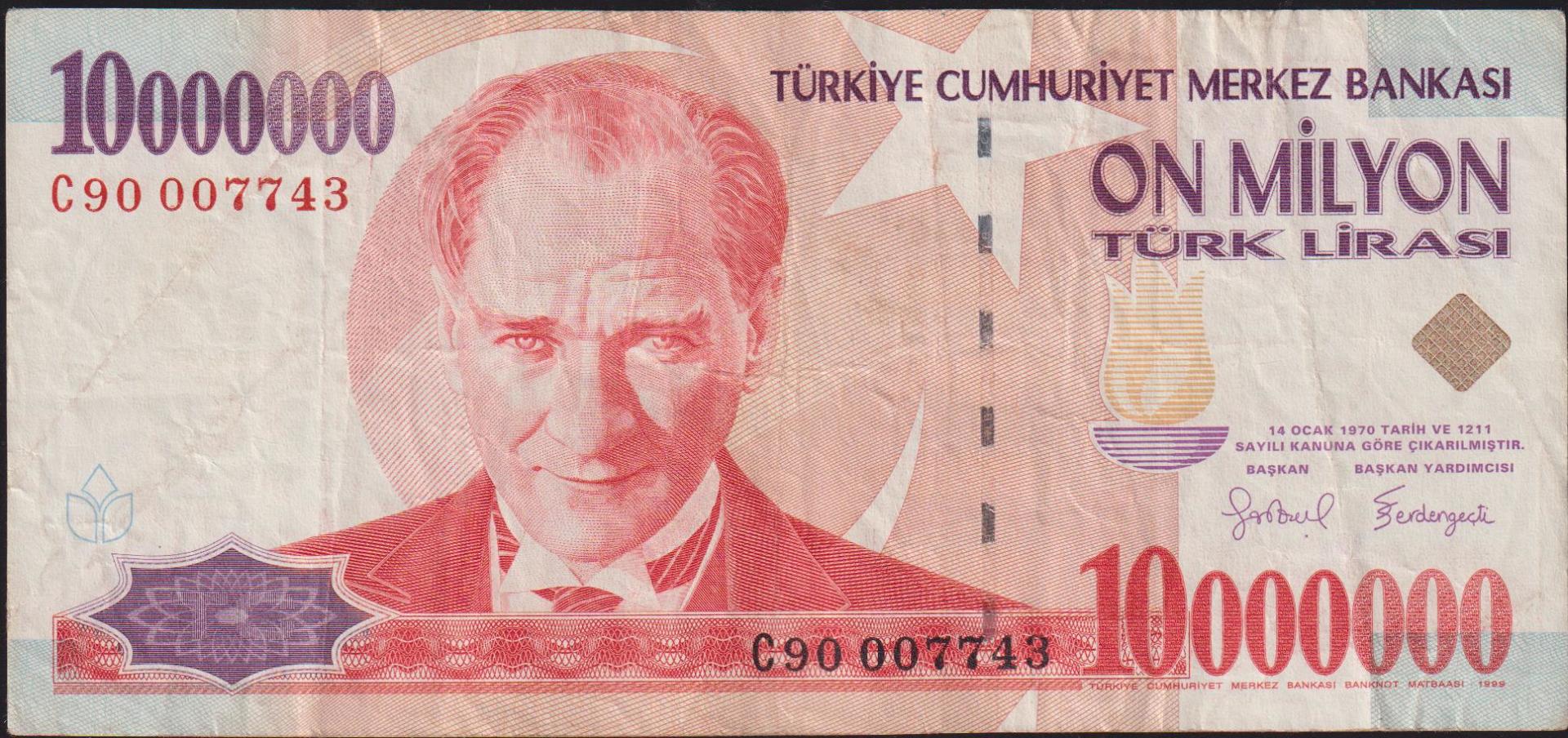7.Emisyon 10 000 000 Lira C90 007743 Çok Temiz