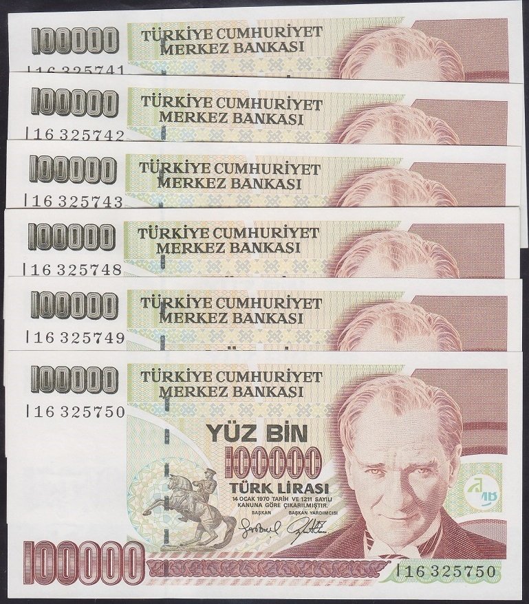 7.EMİSYON 3.TERTİP 100000 LİRA I16 325741 - 750 SERİ TAKİPLİ 10 ADET ÇİL