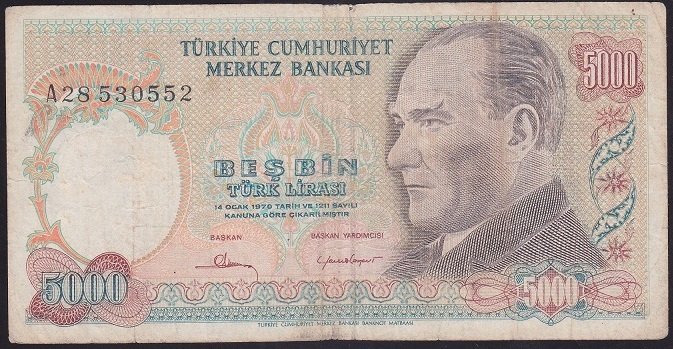 7.EMİSYON 1.TERTİP 5000 LİRA A28 530552 TEMİZ +