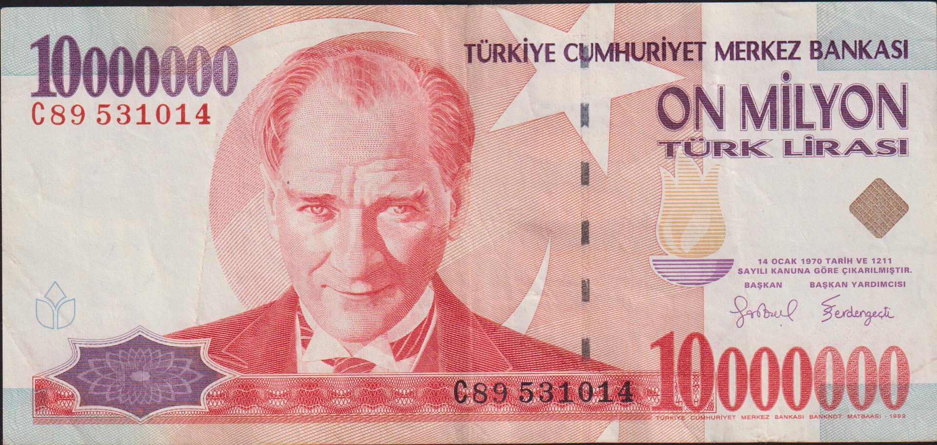7.Emisyon 10 000 000 Lira C89 531014 Çok Temiz+