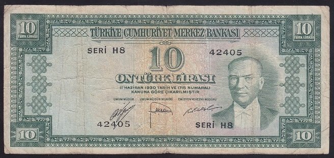 5.EMİSYON 1.TERTİP 10 LİRA H8 42405 TEMİZ (İŞLEMLİ) eski para