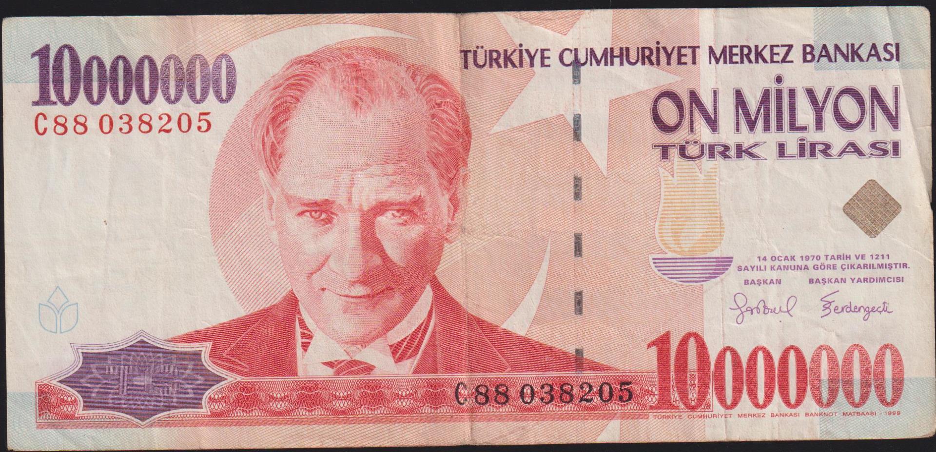 7.Emisyon 10 000 000 Lira C88 038205 Çok Temiz