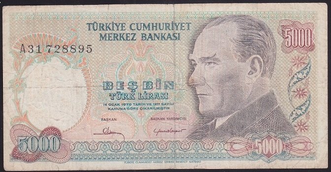 7.EMİSYON 1.TERTİP 5000 LİRA A31 728895 TEMİZ +