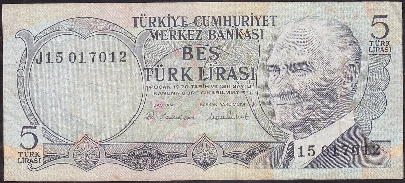 6.Emisyon 2.Tertip 5 Lira J15 017012 Çok Temiz