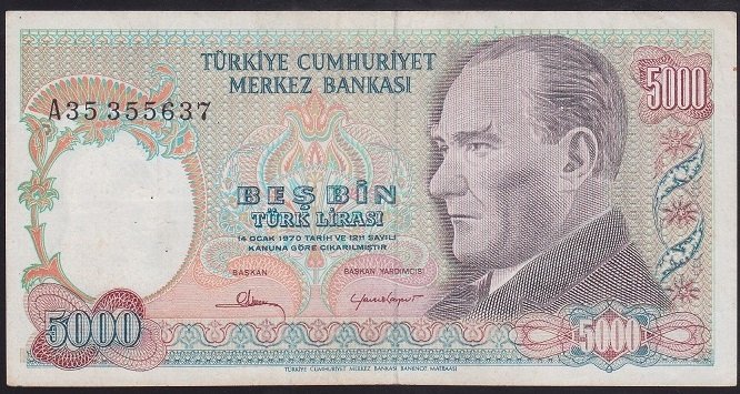 7.EMİSYON 1.TERTİP 5000 LİRA A35 355637 ÇOK TEMİZ +