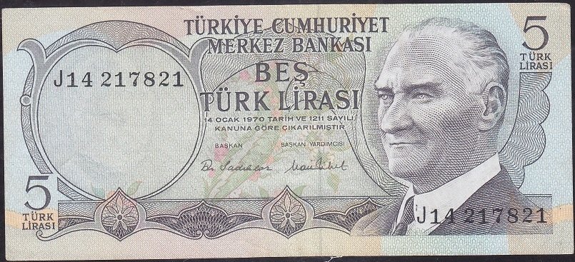 6.Emisyon 2.Tertip 5 Lira J14 217821 Çok Temiz +