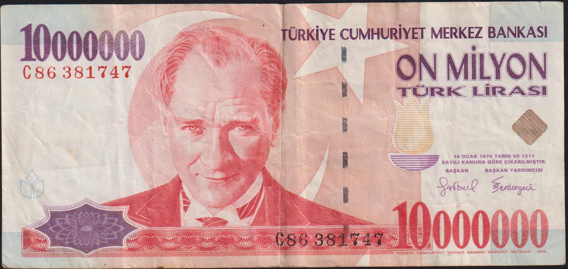 7.Emisyon 10 000 000 Lira C86 381747 Çok Temiz