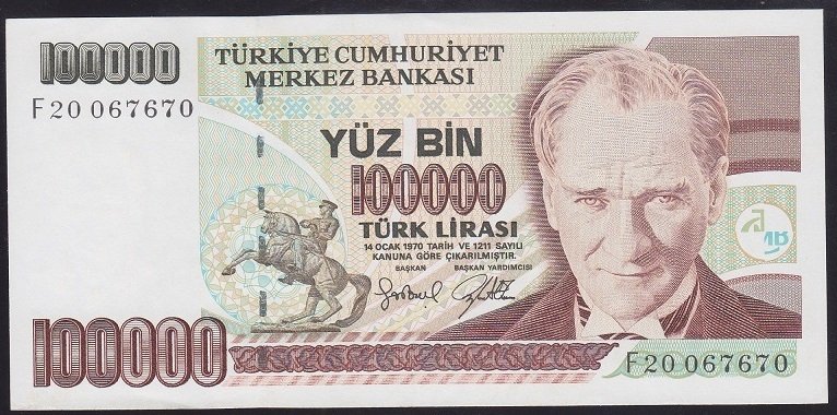 7.EMİSYON 3.TERTİP 100000 LİRA F20 067670 ÇİLALTI