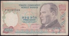 7.EMİSYON 1.TERTİP 5000 LİRA A36 265888 TEMİZ