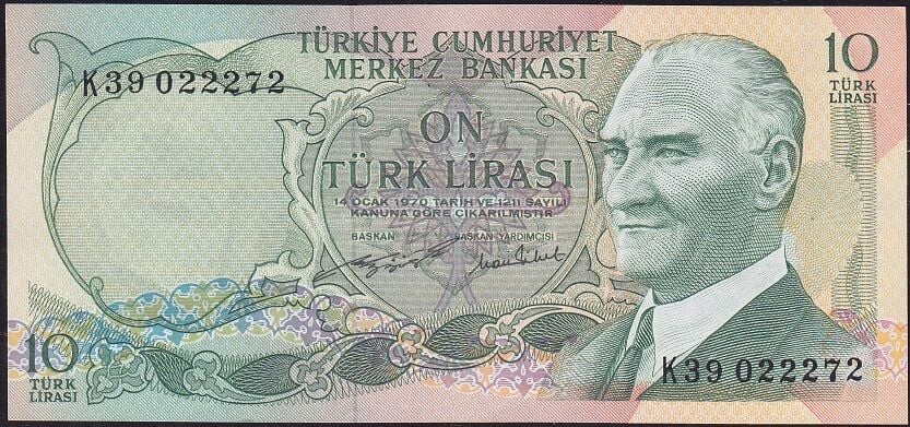 6.Emisyon 2.Tertip 10 Lira K39 022272 Çilaltı ( Bombe var )