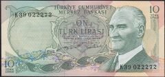 6.Emisyon 2.Tertip 10 Lira K39 022272 Çilaltı ( Bombe var )