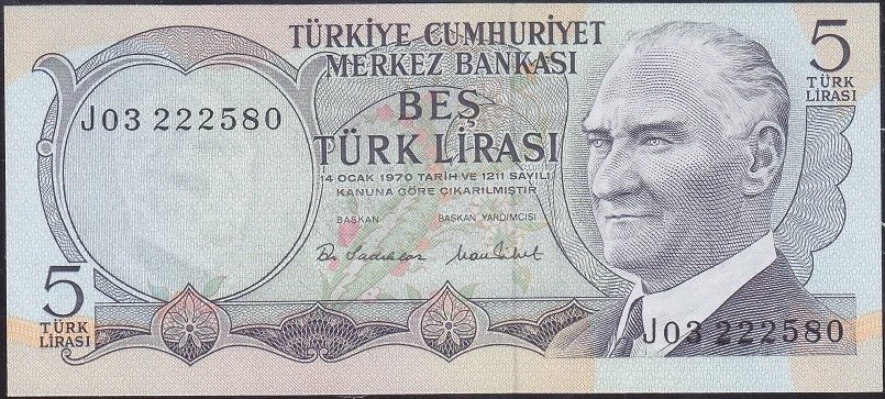 6.Emisyon 2.Tertip 5 Lira J03 222580 Çil