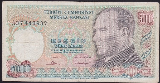 7.EMİSYON 1.TERTİP 5000 LİRA A37 443937 TEMİZ +