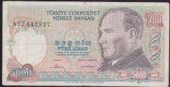7.EMİSYON 1.TERTİP 5000 LİRA A37 443937 TEMİZ +