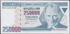 7.EMİSYON 3.TERTİP 250000 LİRA H03 400932 ÇİL eski kağıt para değerleri