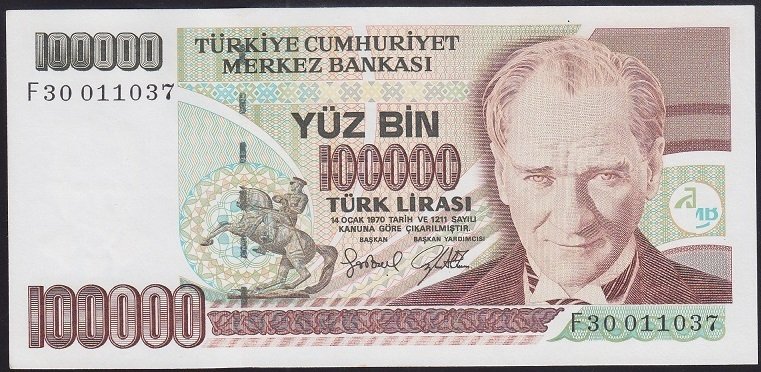 7.EMİSYON 3.TERTİP 100000 LİRA F30 011037 ÇİLALTI