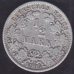 ALMANYA 1/2 MARK 1905 F GÜMÜŞ eski para mezat