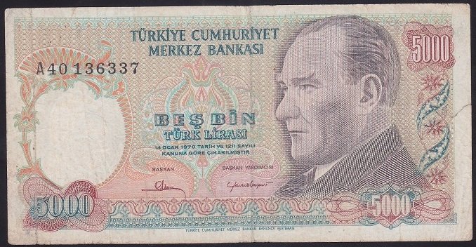 7.EMİSYON 1.TERTİP 5000 LİRA A40 136337 TEMİZ