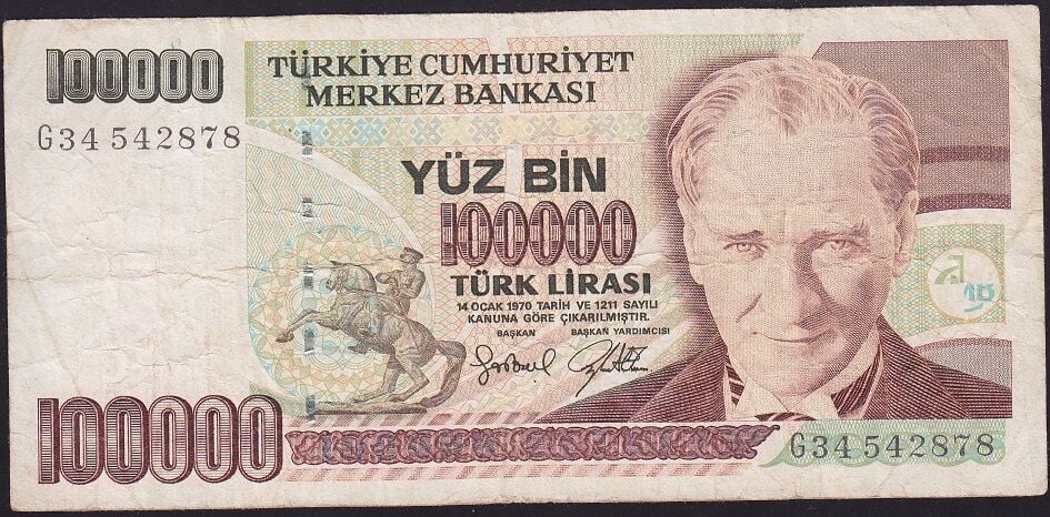 7.Emisyon 3.Tertip 100000 Lira G34 542878 Temiz