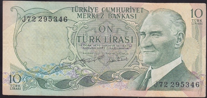 6.EMİSYON 2.TERTİP 10 LİRA J72 295346 ÇOK TEMİZ eski para alan yerler