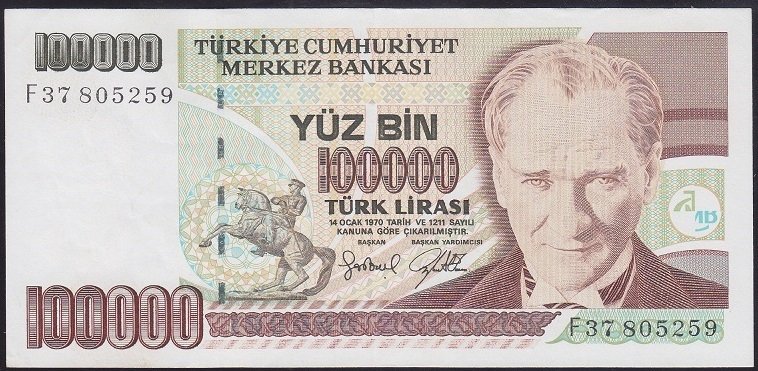 7.EMİSYON 3.TERTİP 100000 LİRA F37 805259 ÇİLALTI