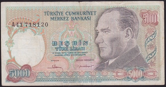 7.EMİSYON 1.TERTİP 5000 LİRA A41 718120 ÇOK TEMİZ