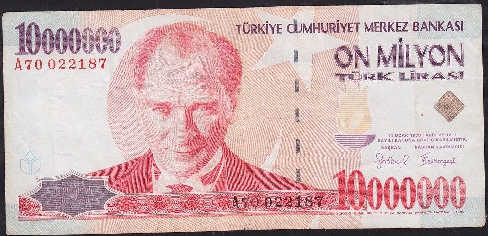 7.Emisyon 10 000 000 Lira A70 022187 Çok Temiz