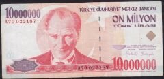 7.Emisyon 10 000 000 Lira A70 022187 Çok Temiz